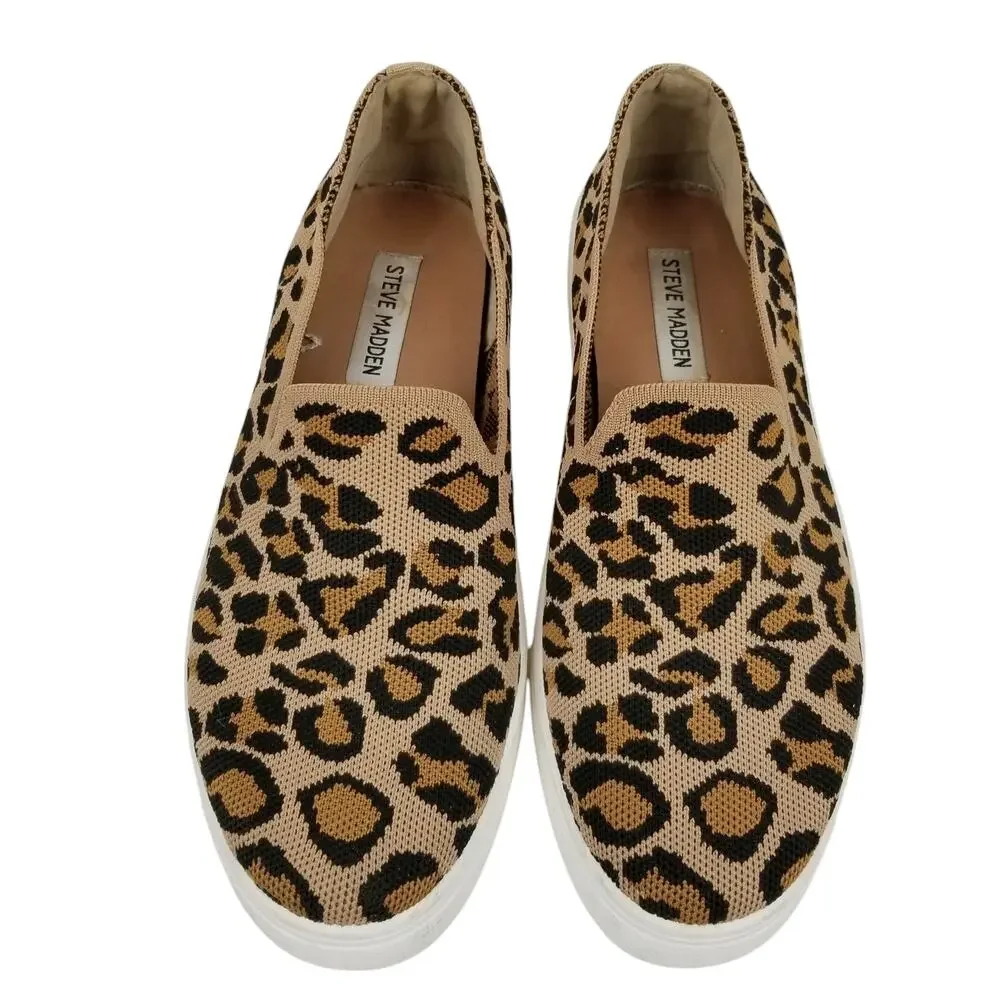 Steve Madden Women's Mailer Leopard Print Stretch Knit Slip On Sneakers Size 8.5